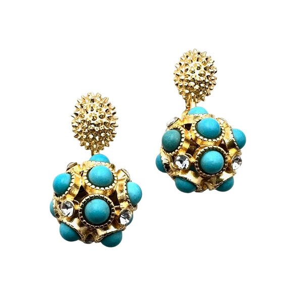 Womens Earrings Turquoise Glass Rhinestone Drop Gold Plated Pierced Chandelier - Picture 3 of 5